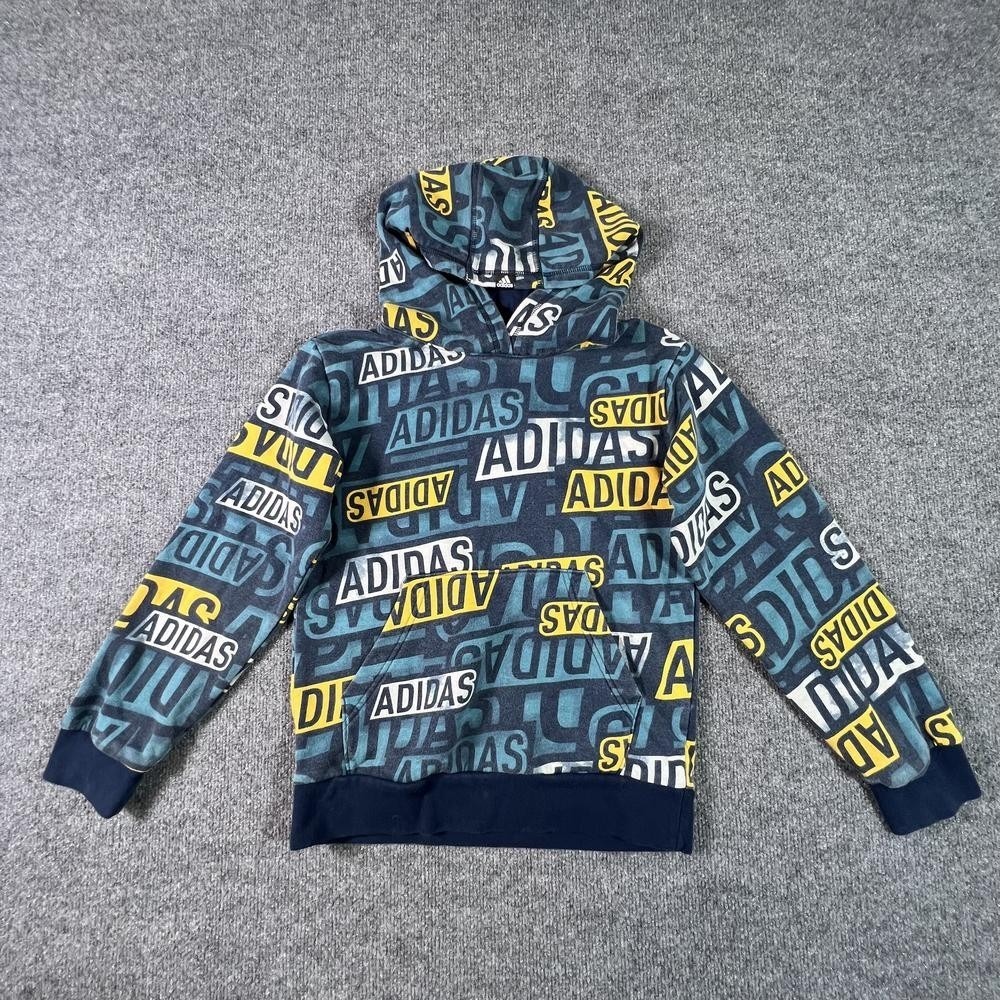 Adidas Hoodie Boy's 10-12 Blue Cotton Fleece-Lined Logo Graphic Running Athletic